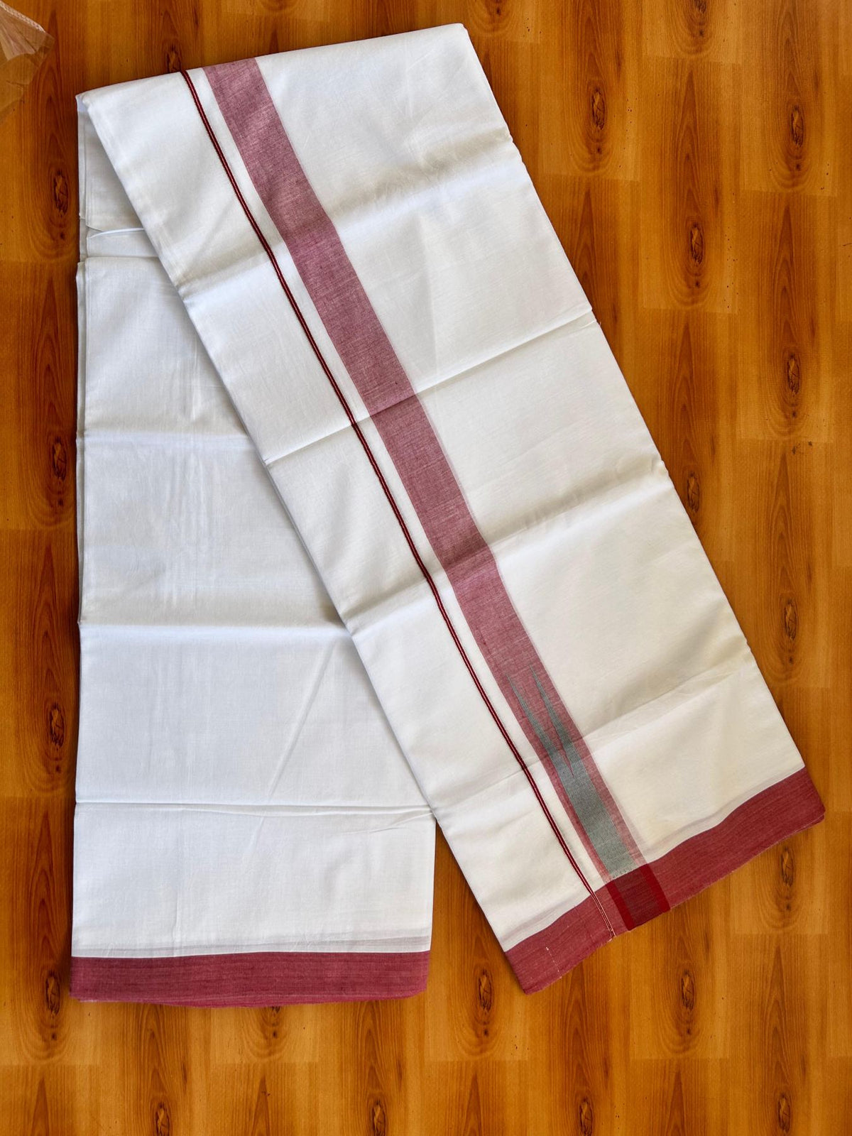 Double Pure White Mundu/Dhoti - 20% Discount !! KaithariKada Balaramapuram 100% Cotton - 100x80 - 1.5 inch Maroon & Mint Green Silver Chutty Kara 3.80 mtr (8 muzham) - 9 KK5499 CKS