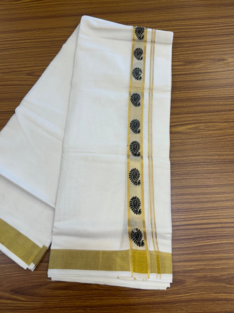 20% Discount!! KaithariKada Balaramapuram 100% Cotton DOUBLE OFF WHITE - (Ubleached) Mundu/Dhoti - 80x90 - 1.5 inch Gold Kasavu & Black Printed Design Kara - 8 KK5292 GAN