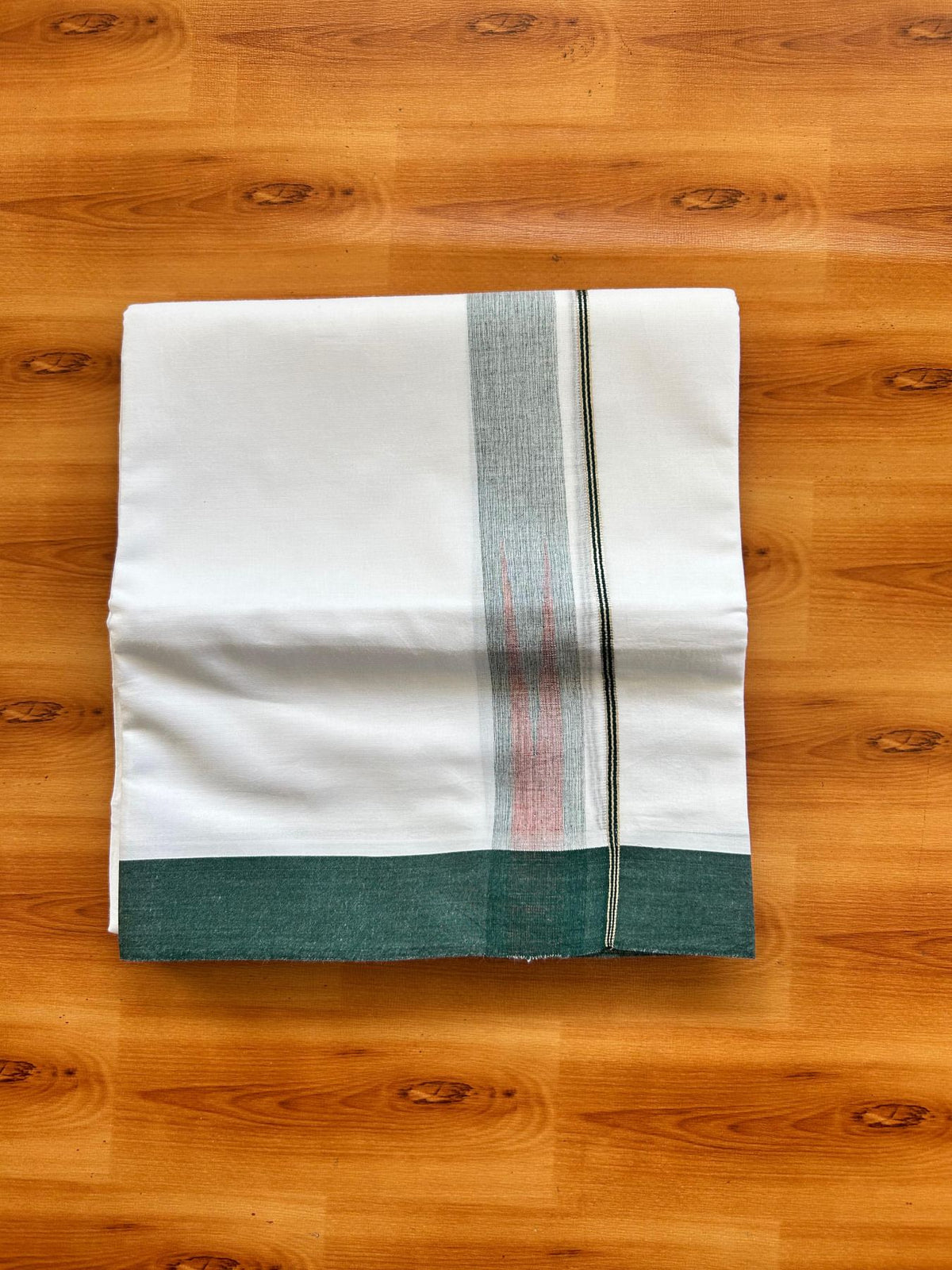 Double Pure White Mundu/Dhoti - 20% Discount !! KaithariKada Balaramapuram 100% Cotton - 100x80 - 1.5 inch Dark Green & Peach Silver Chutty Kara 3.80 mtr (8 muzham) - 10 KK5501 VAS