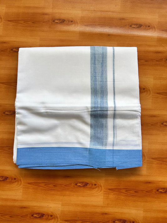 Double Pure White Mundu/Dhoti - 20% Discount !! KaithariKada Balaramapuram 100% Cotton - 100x80 - 1.25 inch Light Green & Light Blue Shaded Chutty Kara 3.80 mtr (8 muzham) - 19 KK5499 CKS
