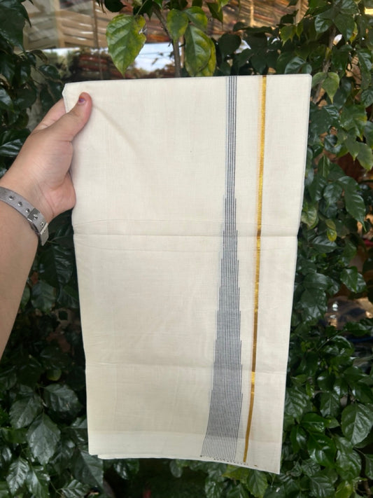 20% Discount ! Kaitharikada Balaramapuram 100% Pure Cotton Double Off white (Unbleached) Mundu/Dhoti - 100x80 - 1.5 inch Gold Kasav Ash Black Stripes Chutty Kara - 5 KK5292 PMC