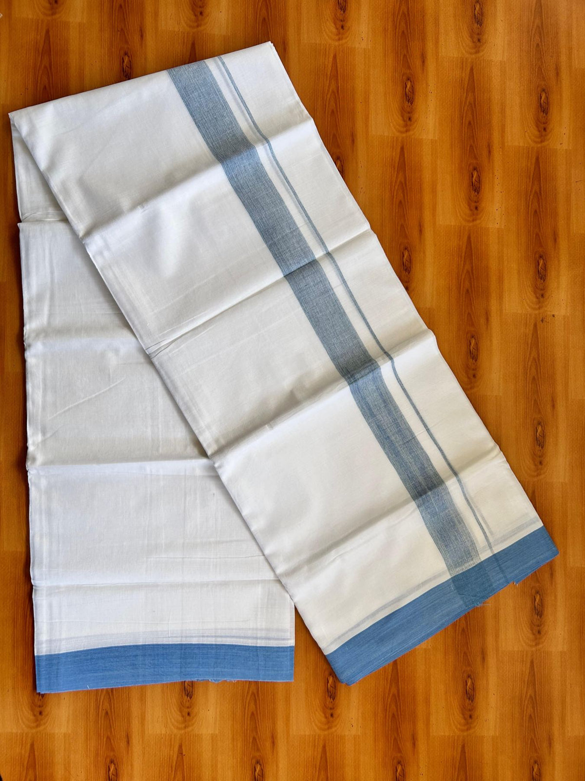 Double Pure White Mundu/Dhoti - 20% Discount !! KaithariKada Balaramapuram 100% Cotton - 100x80 - 1.25 inch Light Green & Light Blue Shaded Chutty Kara 3.80 mtr (8 muzham) - 19 KK5499 CKS