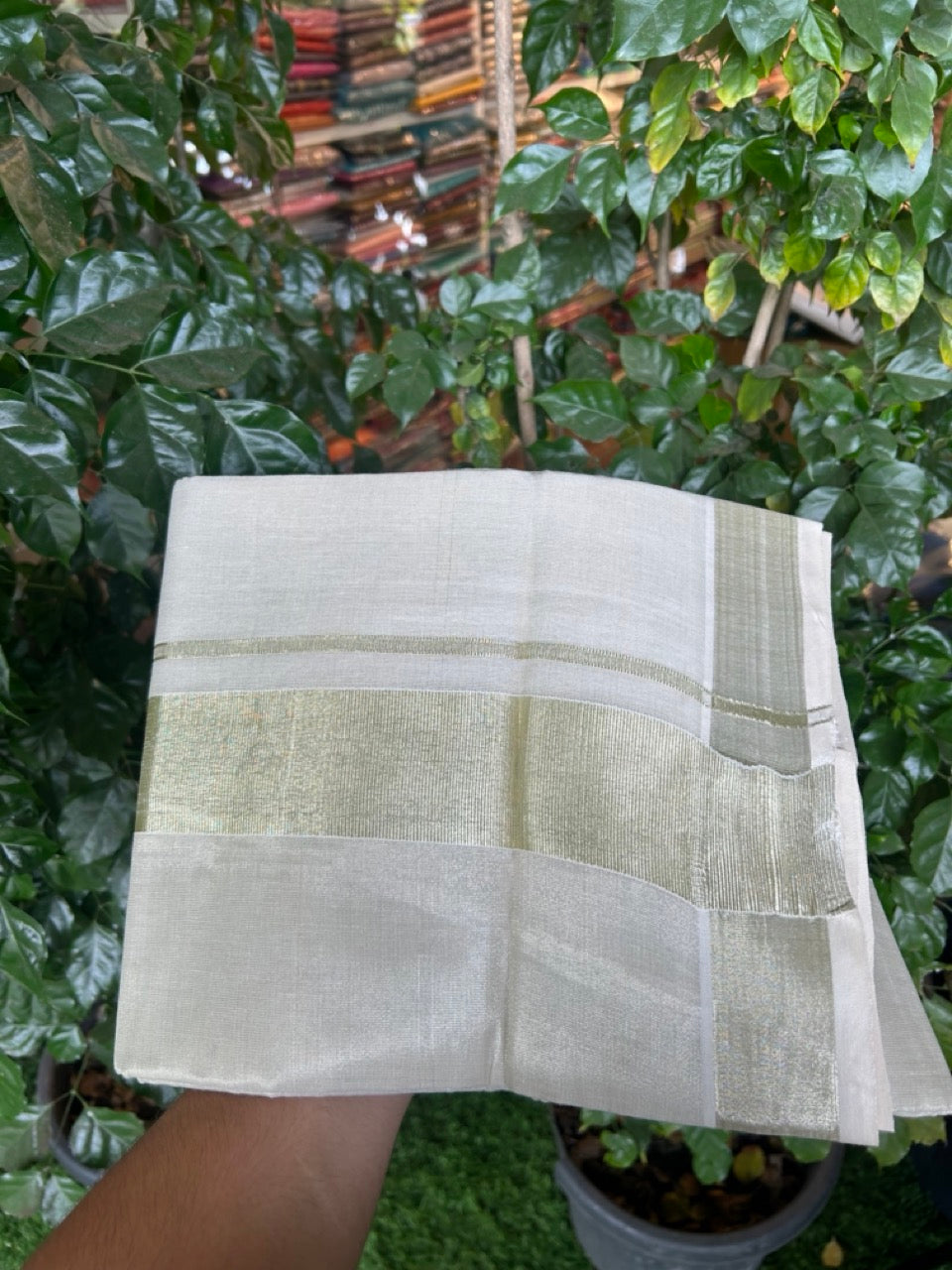 20% Discount! KaithariKada Balaramapuram Cotton Mix (60)s - Light Gold Kasav TISSUE Double Dhoti/Mund 2.25 inch Light Gold kara 4 mtr (8.5 muzham) - 9 KK5292 GAN