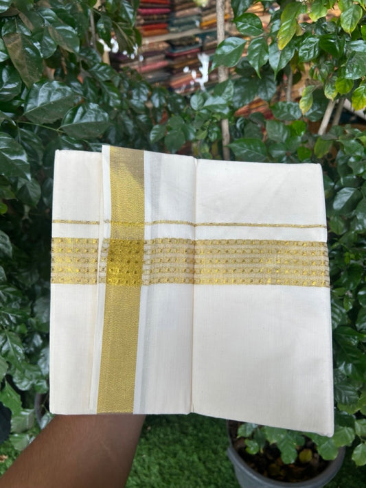 KaithariKada Balaramapuram Pure Cotton DOUBLE OFF WHITE - (Ubleached) Mundu/Dhoti - 60s - 1.75 inch Gold Kasav Jacquard Design Kara 4 mtr (8.5 muzham) - 7 KK5292 GAN