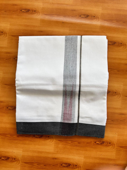 Double Pure White Mundu/Dhoti - 20% Discount !! KaithariKada Balaramapuram 100% Cotton - 100x80 - 1.5 inch Black & Maroon Silver Chutty Kara 3.80 mtr (8 muzham) - 12 KK5499 CKS