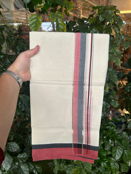 20% Discount ! Kaitharikada Balaramapuram 100% Pure Cotton Double Off white (Unbleached) Mundu/Dhoti - 100x80 - 1.5 inch Silver Kasav Black & Maroon Stripes Chutty Kara - 4 KK5292 PMC