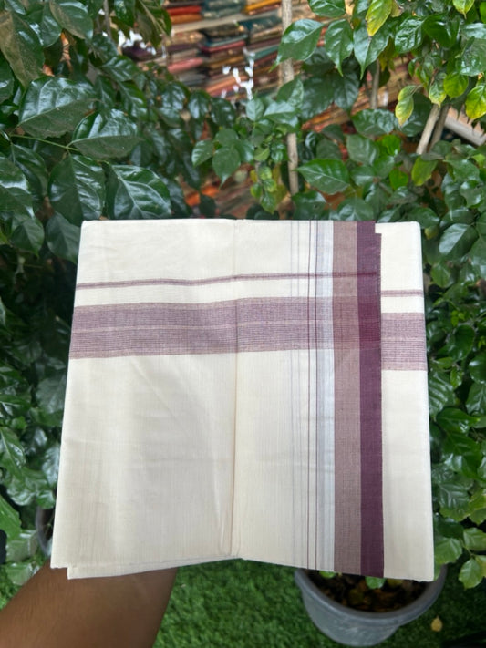 20% DISCOUNT!! KaithariKada Balaramapuram 100%  Cotton OFF WHITE Double - (Unbleached) Mundu/Dhoti - 100X80 - 1.5 inch Maroon & Sand brown Shaded Kara with Stripes - 6 KK5292 VIN
