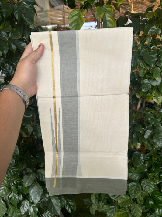 20% Discount ! Kaitharikada Balaramapuram 100% Pure Cotton Double Off white (Unbleached) Mundu/Dhoti - 100x80 - 1.75 inch Gold Kasav & Light Sage Green Stripes Chutty Kara - 3 KK5292 PMC