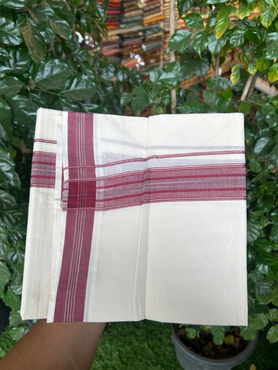 20% Discount ! Kaitharikada Balaramapuram 100% Cotton Off White Double Mundu/Dothi  - 100x80- 1.75 Inch Silver Kasav Maroon & Black Striped Kara - 4mtr (8.5muzham)- 2 KK5292 CKS