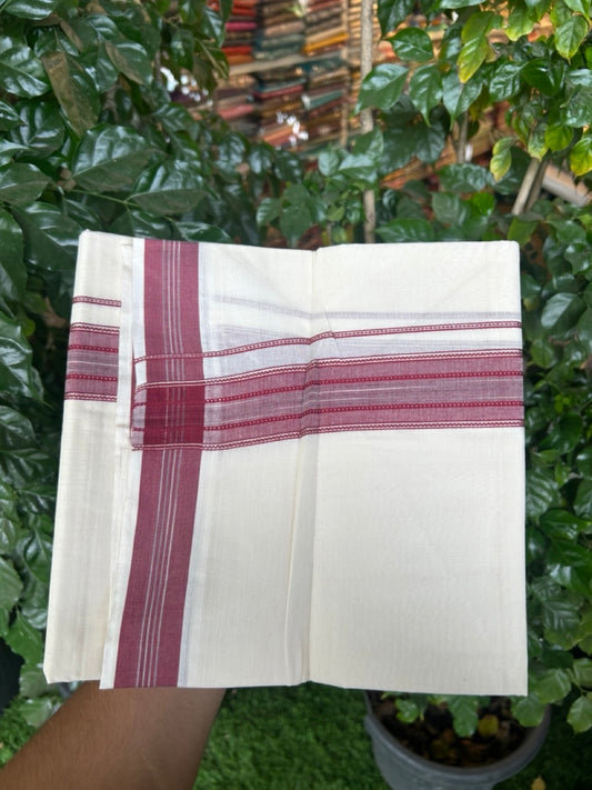 20% Discount ! Kaitharikada Balaramapuram 100% Cotton Off White Double Mundu/Dothi  - 100x80- 1.75 Inch Silver Kasav Maroon & Black Striped Kara - 4mtr (8.5muzham)- 2 KK5292 CKS