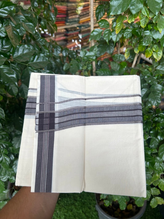 20% Discount ! Kaitharikada Balaramapuram 100% Cotton Off White Double Mundu/Dothi  - 100x80- 1.75 Inch Silver Kasav Brown & Pink Striped Kara - 4mtr (8.5muzham)- 1 KK5292 CKS