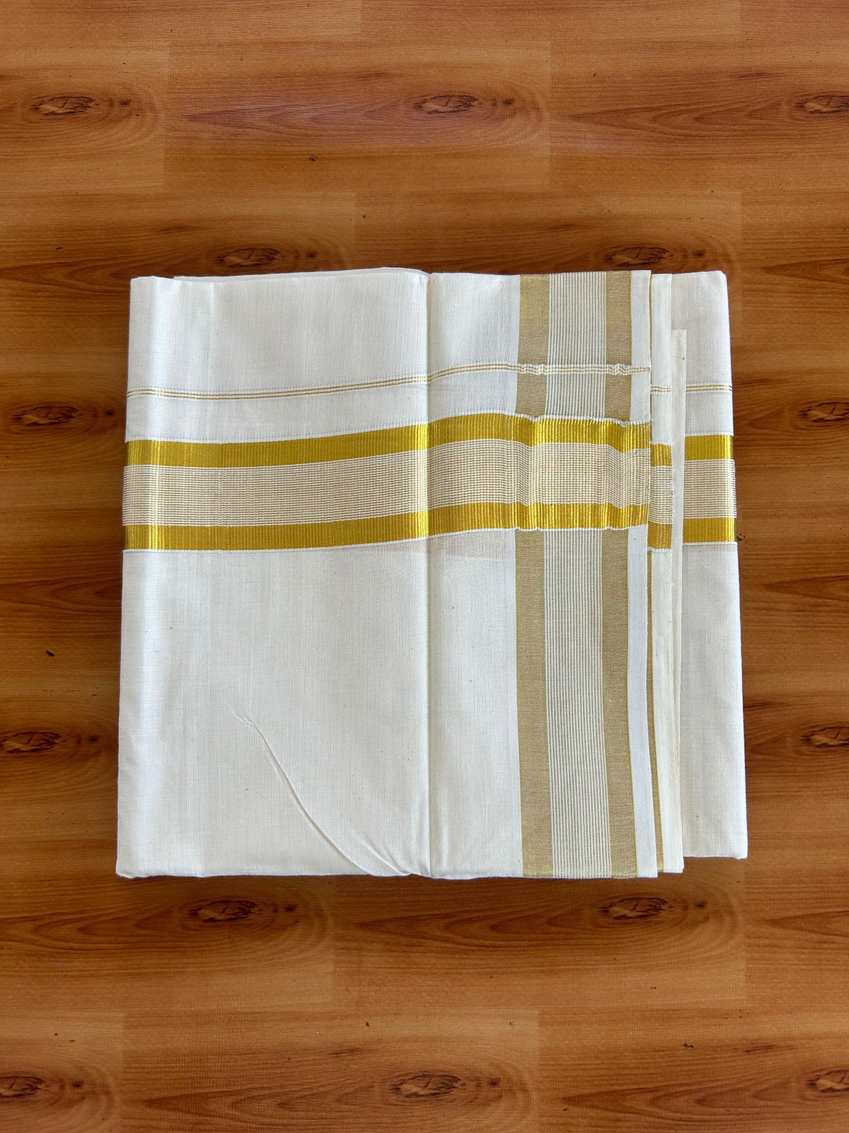 Double Off White (Unbleached) Mundu/Dhoti - 20% Discount! KaithariKada Pulimood Mixed Cotton - 80x72 - 1.75 inch Gold Kasav Striped Kara 4 mtr (8.5 muzham) - 27 KK5552 VIN