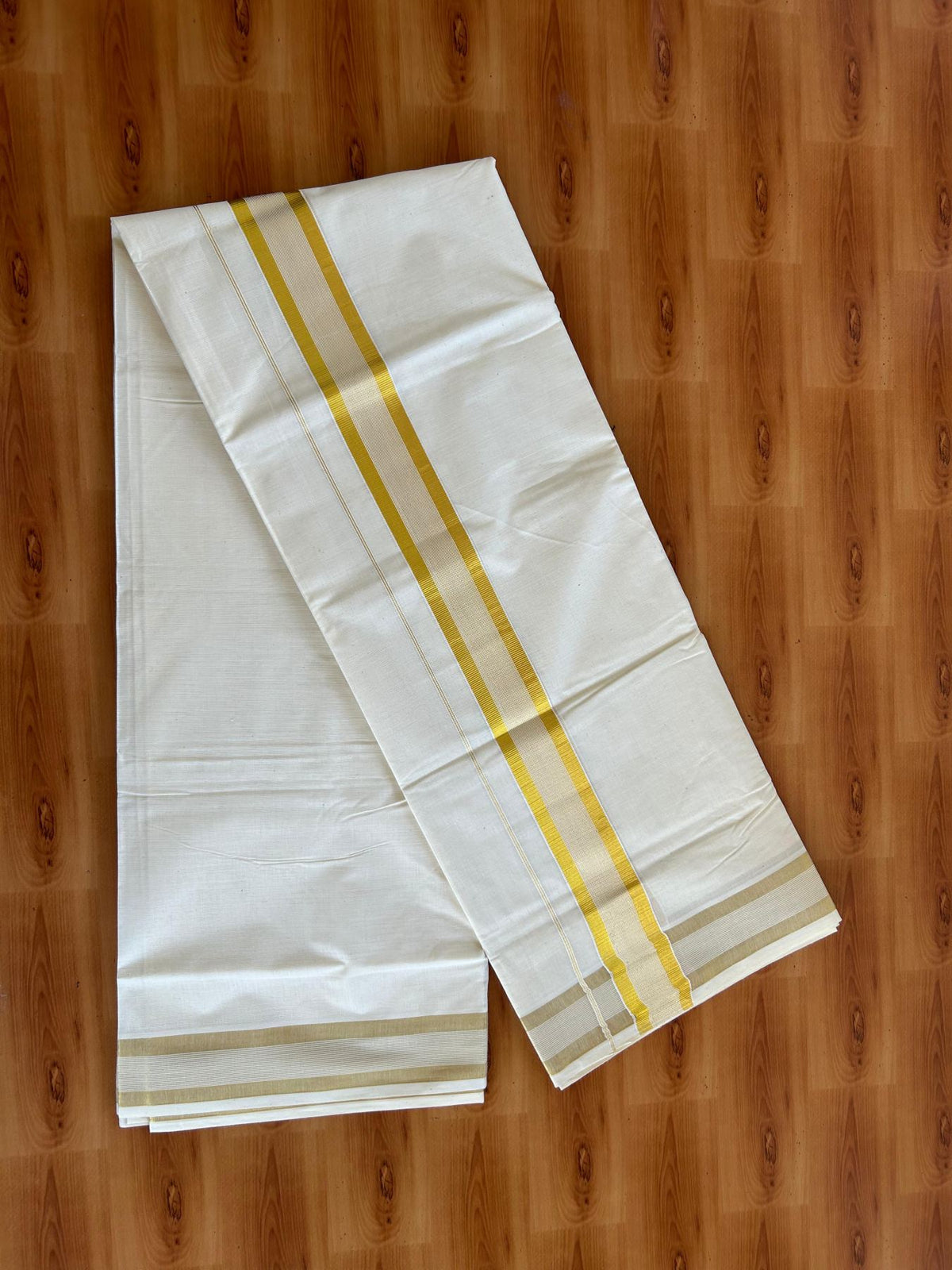 Double Off White (Unbleached) Mundu/Dhoti - 20% Discount! KaithariKada Pulimood Mixed Cotton - 80x72 - 1.75 inch Gold Kasav Striped Kara 4 mtr (8.5 muzham) - 27 KK5552 VIN