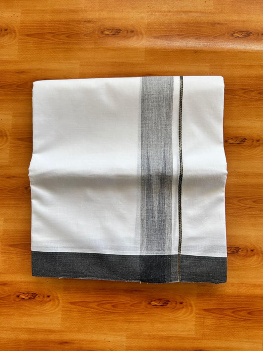 Double Pure White Mundu/Dhoti - 20% Discount !! KaithariKada Balaramapuram 100% Cotton - 100x80 - 1.5 inch Black & Navy Blue Silver Chutty Kara 3.80 mtr (8 muzham) - 6 KK5499 CKS