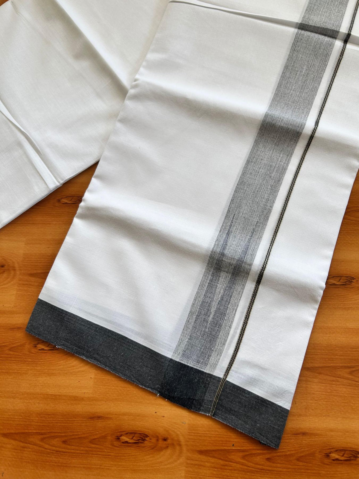 Double Pure White Mundu/Dhoti - 20% Discount !! KaithariKada Balaramapuram 100% Cotton - 100x80 - 1.5 inch Black & Navy Blue Silver Chutty Kara 3.80 mtr (8 muzham) - 6 KK5499 CKS