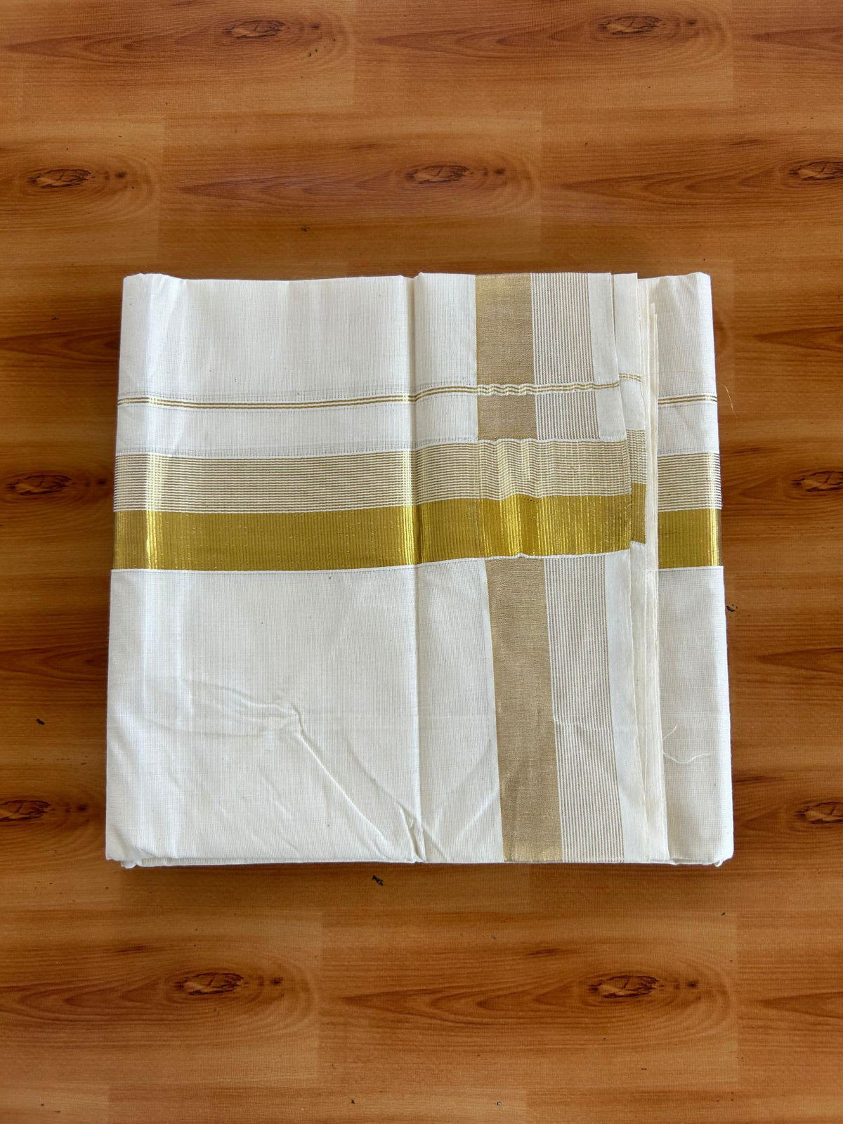Double Off White (Unbleached) Mundu/Dhoti - 20% Discount! KaithariKada Pulimood Mixed Cotton - 80x72 - 1.75 inch Gold Kasav Striped Kara 4 mtr (8.5 muzham) - 28 KK5552 VIN
