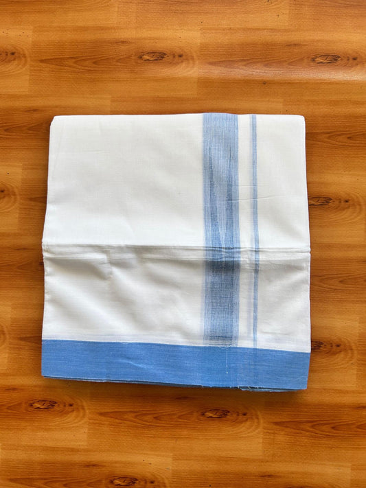 Double Pure White Mundu/Dhoti - 20% Discount !! KaithariKada Balaramapuram 100% Cotton - 100x80 - 1.25 inch Light Blue Shaded Chutty Kara 3.80 mtr (8 muzham) - 18 KK5499 CKS