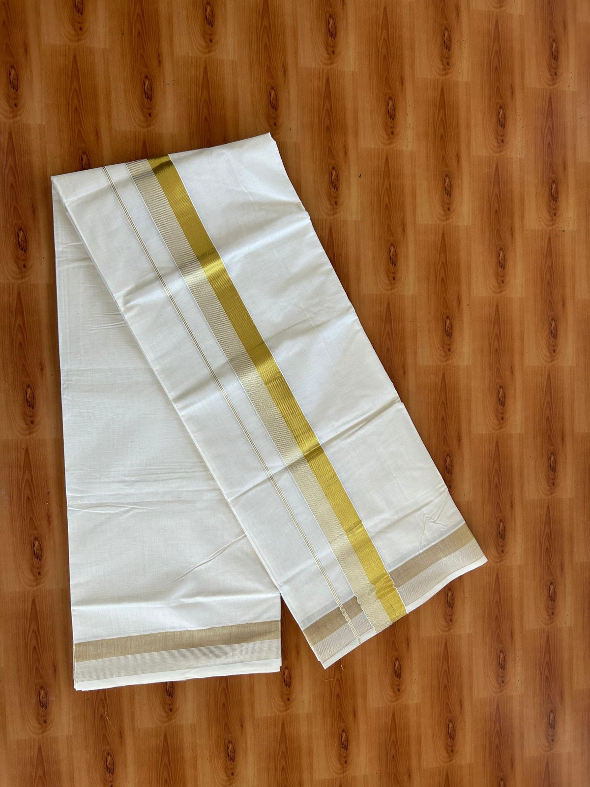 Double Off White (Unbleached) Mundu/Dhoti - 20% Discount! KaithariKada Pulimood Mixed Cotton - 80x72 - 1.75 inch Gold Kasav Striped Kara 4 mtr (8.5 muzham) - 28 KK5552 VIN