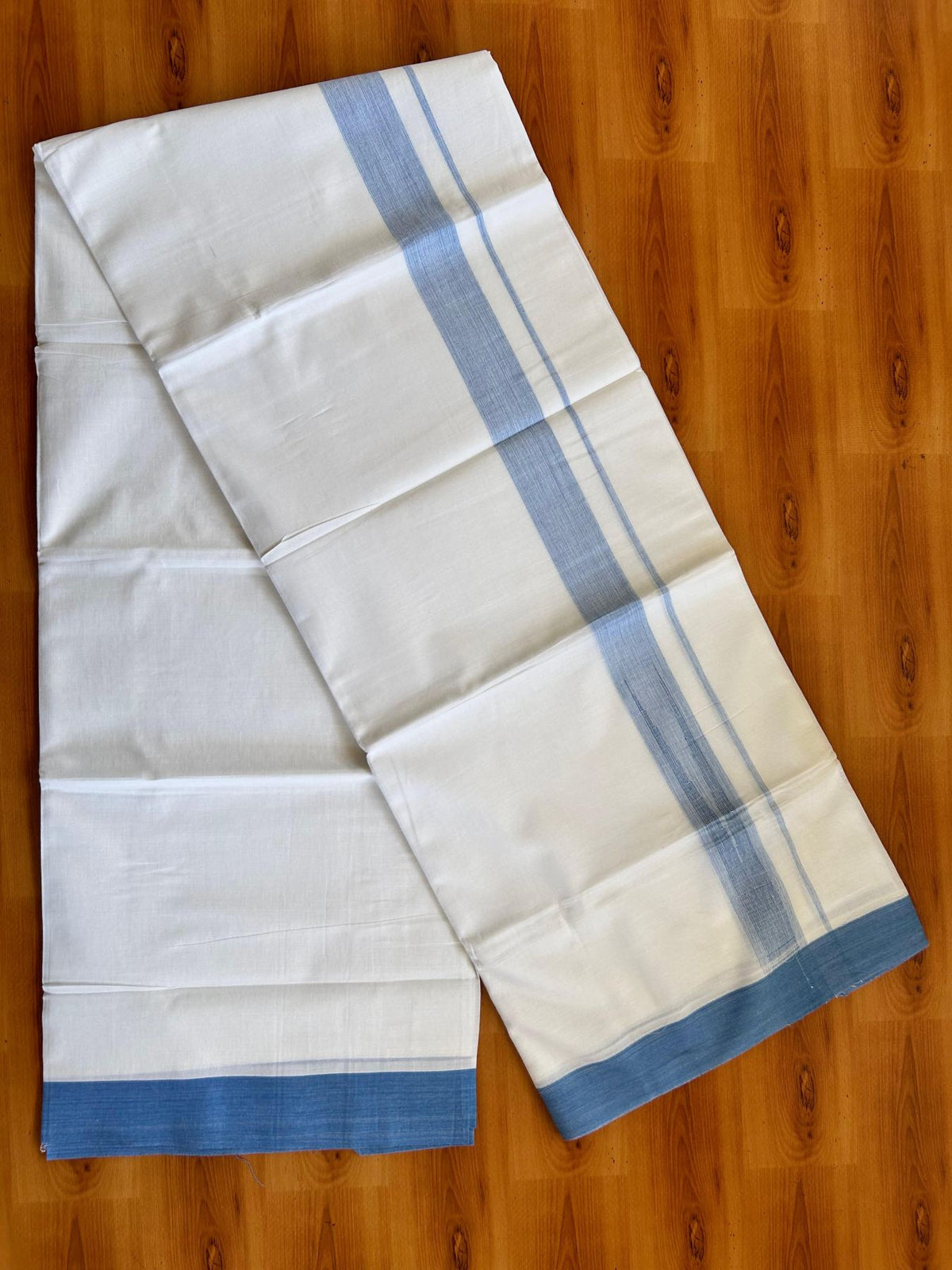 Double Pure White Mundu/Dhoti - 20% Discount !! KaithariKada Balaramapuram 100% Cotton - 100x80 - 1.25 inch Light Blue Shaded Chutty Kara 3.80 mtr (8 muzham) - 18 KK5499 CKS