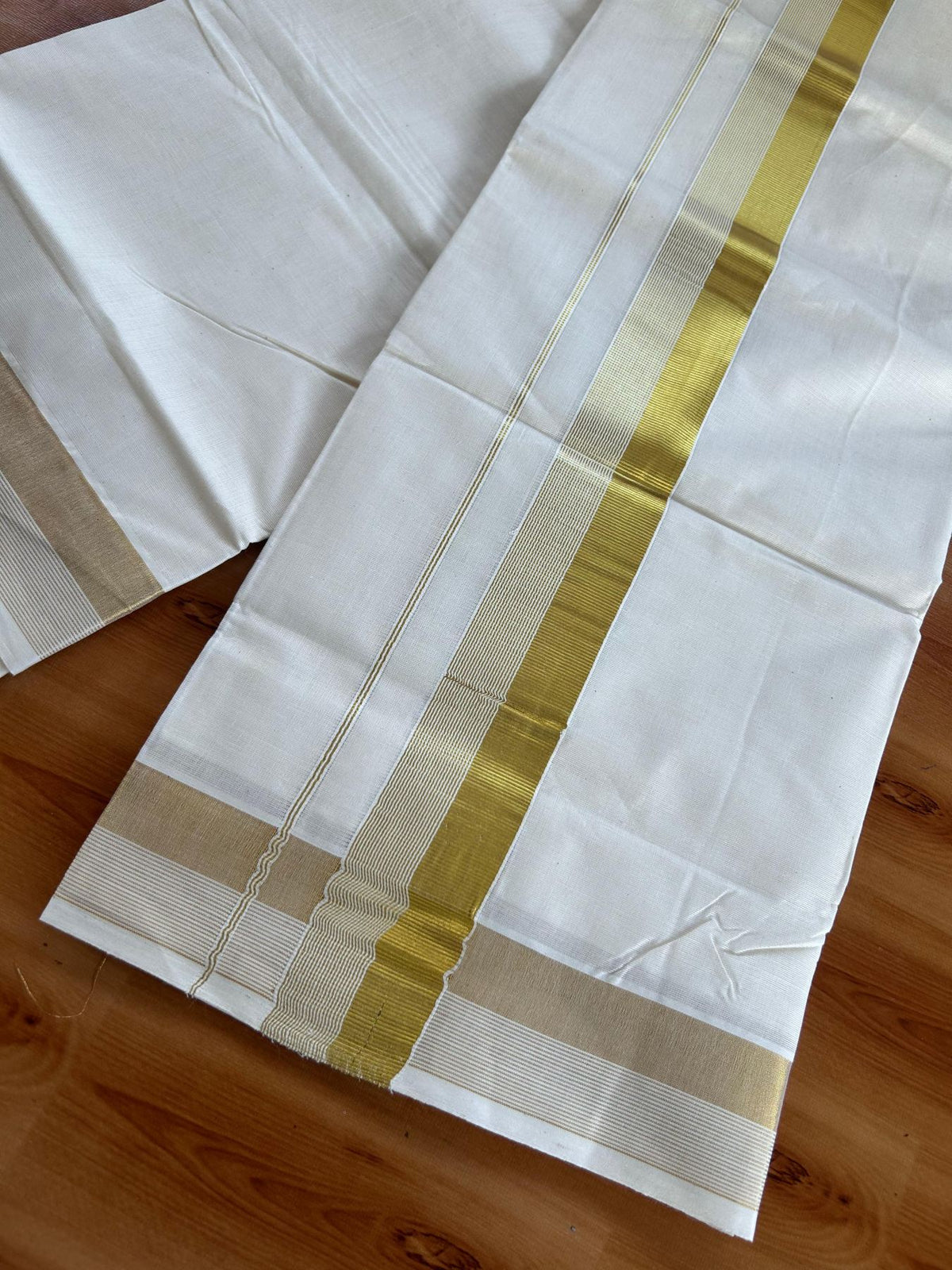 Double Off White (Unbleached) Mundu/Dhoti - 20% Discount! KaithariKada Pulimood Mixed Cotton - 80x72 - 1.75 inch Gold Kasav Striped Kara 4 mtr (8.5 muzham) - 28 KK5552 VIN