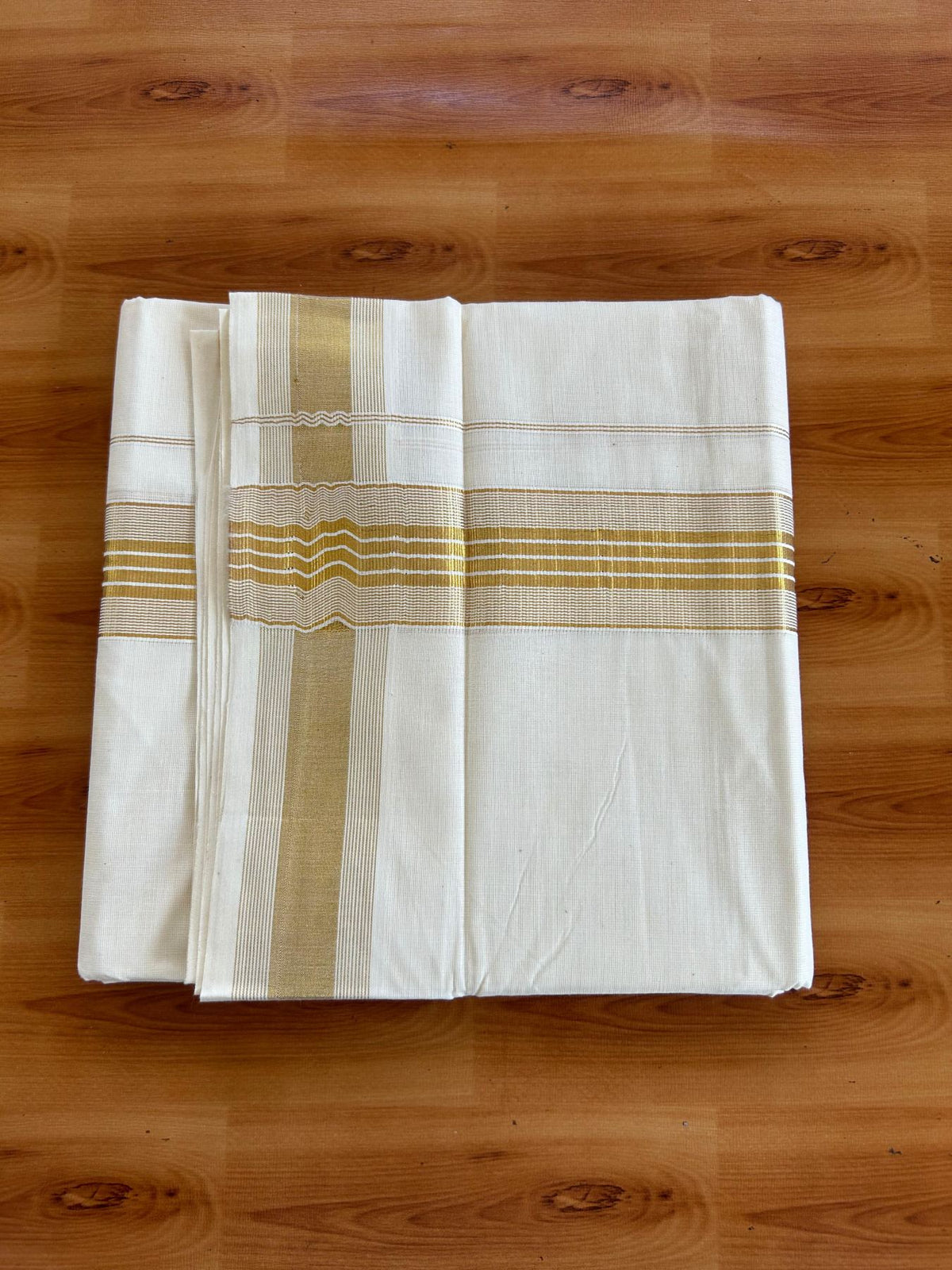 Double Off White (Unbleached) Mundu/Dhoti - 20% Discount! KaithariKada Pulimood Mixed Cotton - 80x72 - 2 inch Gold Kasav Striped Kara 4 mtr (8.5 muzham) - 29 KK5552 VIN