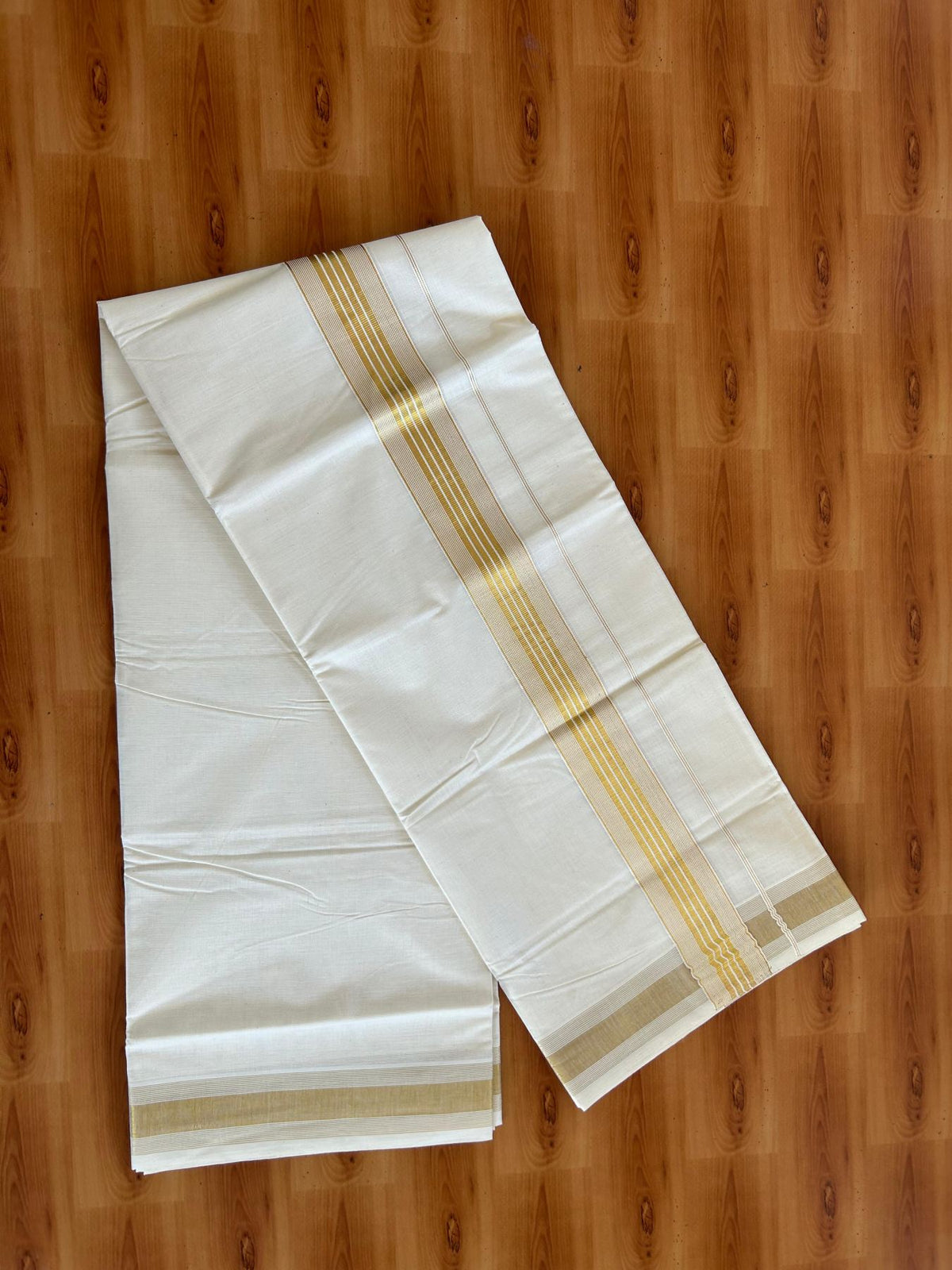 Double Off White (Unbleached) Mundu/Dhoti - 20% Discount! KaithariKada Pulimood Mixed Cotton - 80x72 - 2 inch Gold Kasav Striped Kara 4 mtr (8.5 muzham) - 29 KK5552 VIN