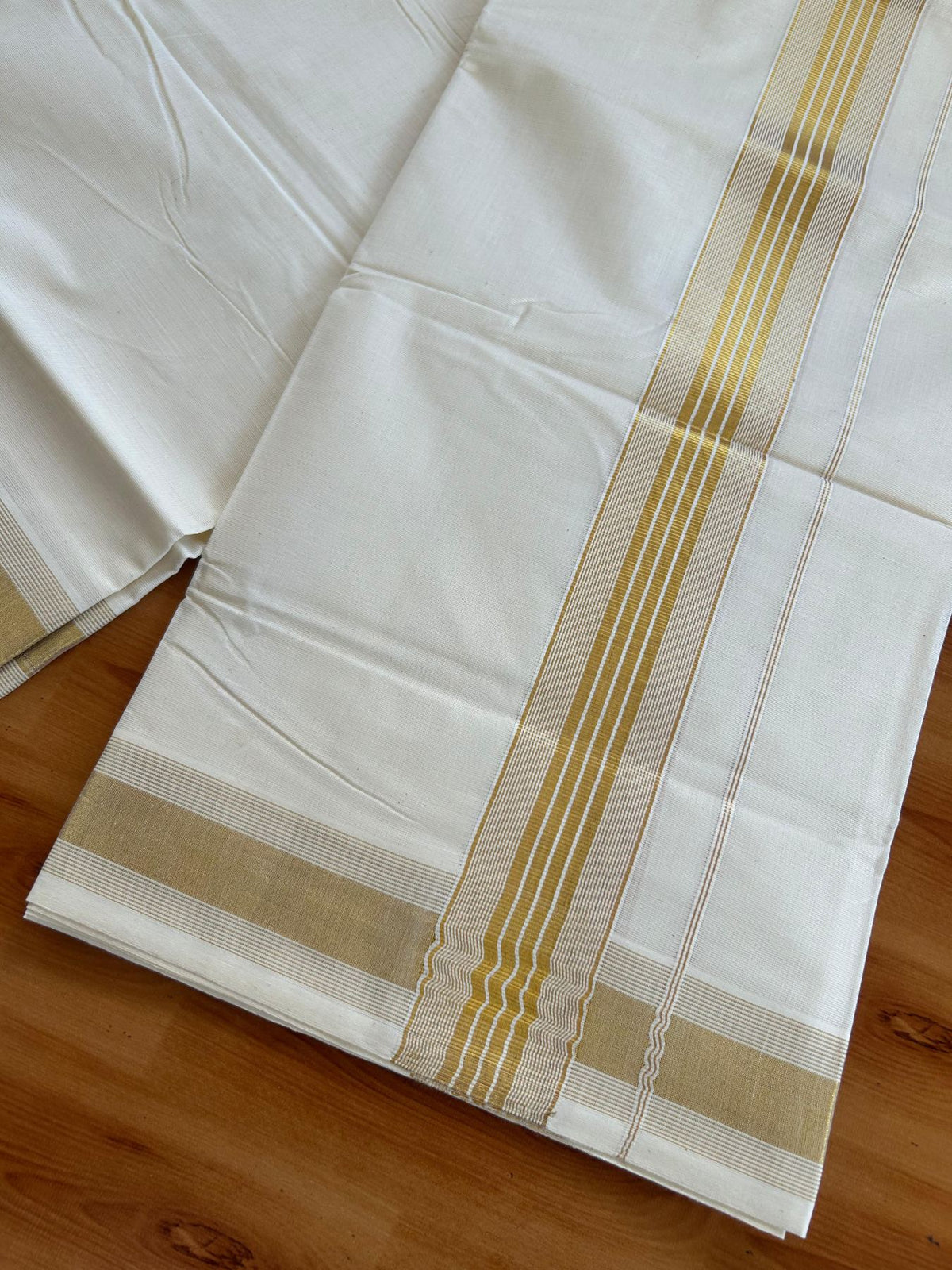 Double Off White (Unbleached) Mundu/Dhoti - 20% Discount! KaithariKada Pulimood Mixed Cotton - 80x72 - 2 inch Gold Kasav Striped Kara 4 mtr (8.5 muzham) - 29 KK5552 VIN