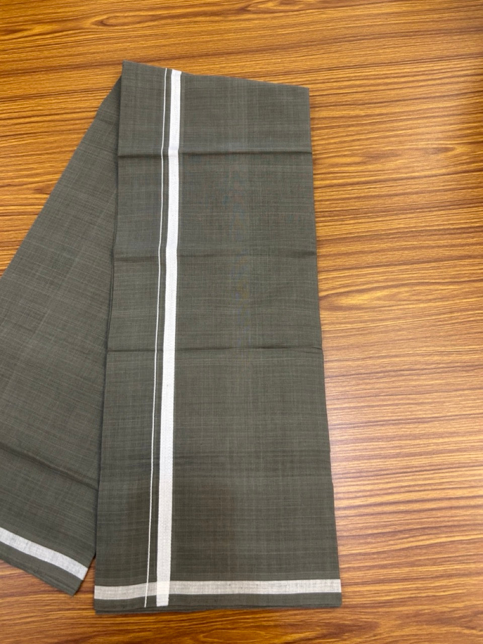 Handloom Single Hallmarked - 10% Discount !! KaithariKada 100% Pure Cotton - Mundu/Dhoti Sage Green Body - 0.5 inch White Kara- (2 meter / 4 muzham) - 7 KK8038 ELA