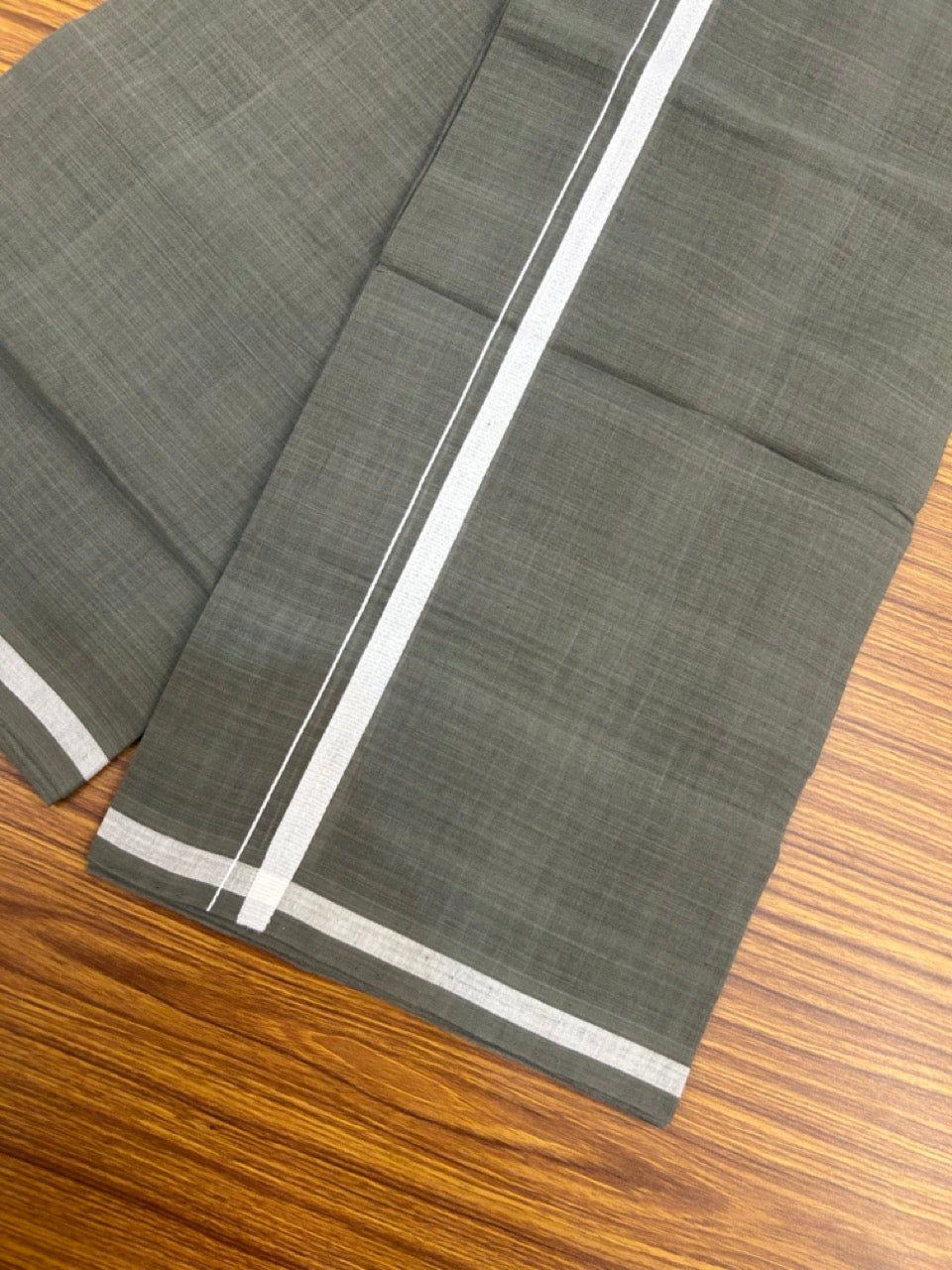 Handloom Single Hallmarked - 10% Discount !! KaithariKada 100% Pure Cotton - Mundu/Dhoti Sage Green Body - 0.5 inch White Kara- (2 meter / 4 muzham) - 7 KK8038 ELA