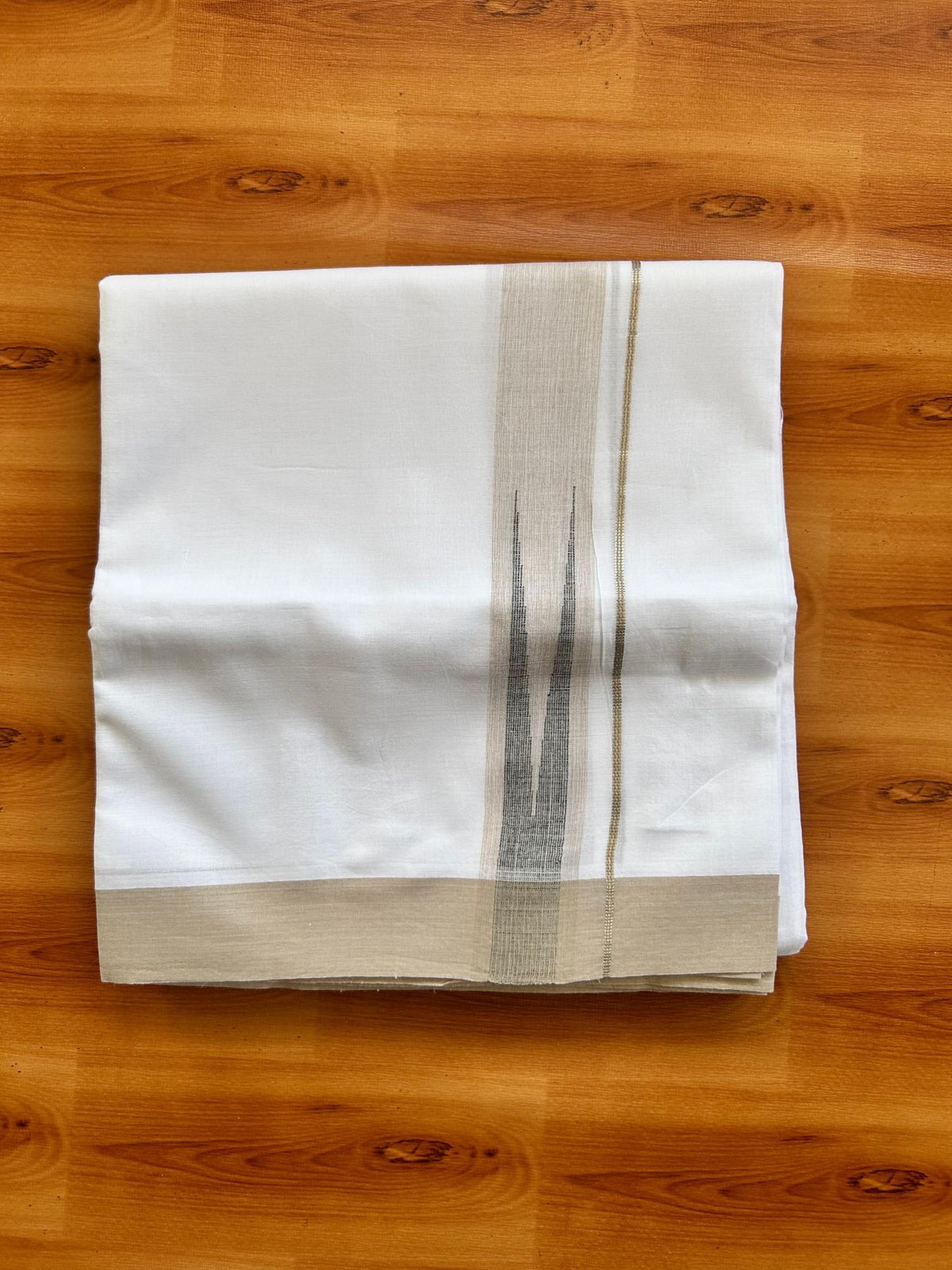 Double Pure White Mundu/Dhoti - 20% Discount !! KaithariKada Balaramapuram 100% Cotton - 100x80 - 1.5 inch Tan Brown & Black Silver Chutty Kara 3.80 mtr (8 muzham) - 10 KK5499 CKS
