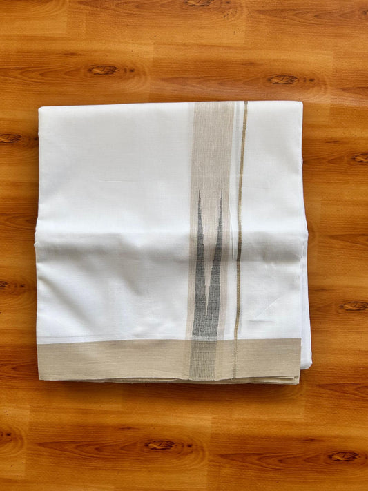 Double Pure White Mundu/Dhoti - 20% Discount !! KaithariKada Balaramapuram 100% Cotton - 100x80 - 1.5 inch Tan Brown & Black Silver Chutty Kara 3.80 mtr (8 muzham) - 10 KK5499 CKS