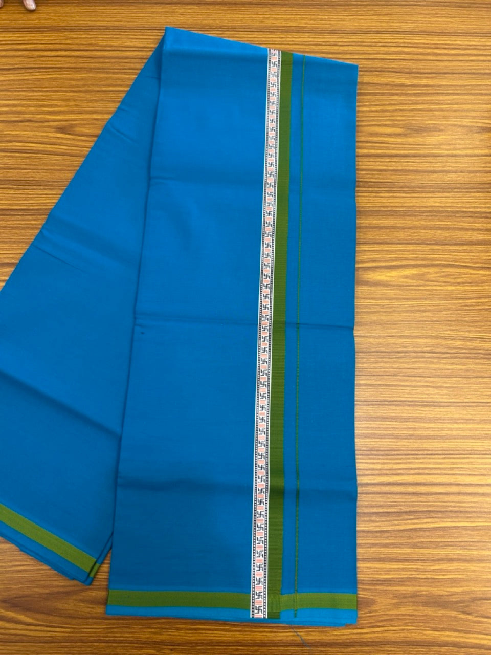 39% Discount! Kaitharikada - Pure Cotton - Single Kaily / Lungi - 1 inch Sage Green & Multi colour Pattern Printed kara with Sapphire Blue colour body (2 meter / 4 muzham) - 11 KK8038 GAN