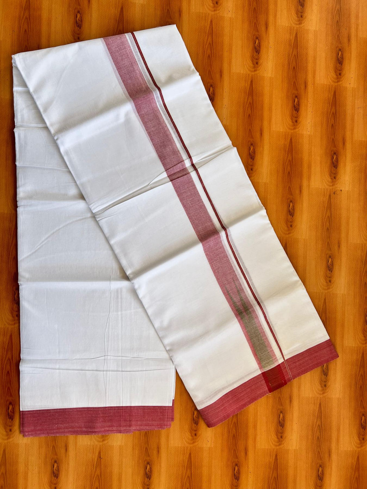 Double Pure White Mundu/Dhoti - 20% Discount !! KaithariKada Balaramapuram 100% Cotton - 100x80 - 1.25 inch Maroon & Olive Green Silver Kasav Chutty Kara 3.80 mtr (8 muzham) - 15 KK5499 CKS