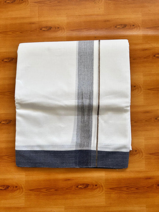 Double Pure White Mundu/Dhoti - 20% Discount !! KaithariKada Balaramapuram 100% Cotton - 100x80 - 1.5 inch Navy Blue & Brown Silver Chutty Kara 3.80 mtr (8 muzham) - 13 KK5499 CKS