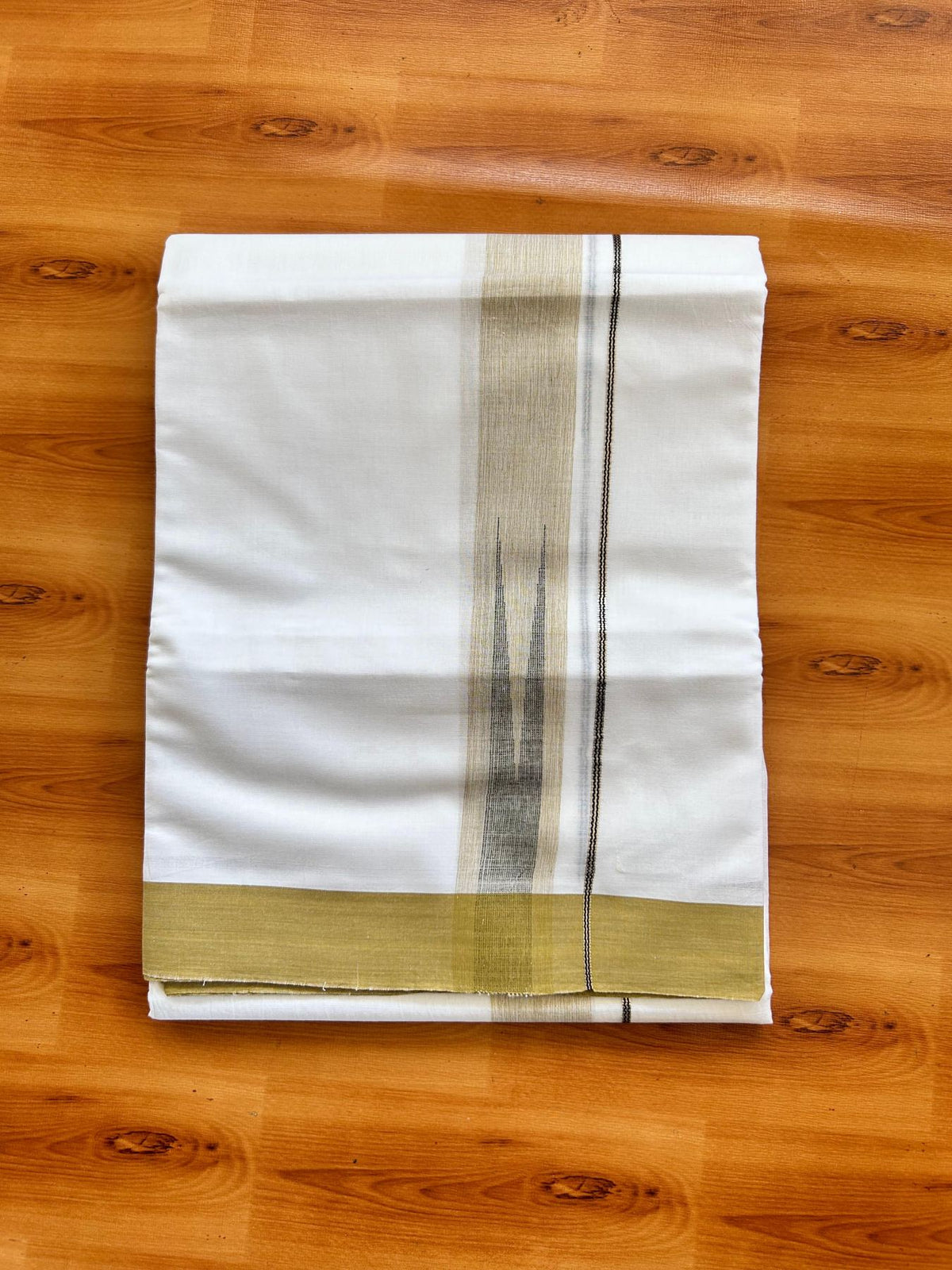 Double Pure White Mundu/Dhoti - 20% Discount !! KaithariKada Balaramapuram 100% Cotton - 100x80 - 1.5 inch Mustard & Black Silver Chutty Kara 3.80 mtr (8 muzham) - 2 KK5501 VAS