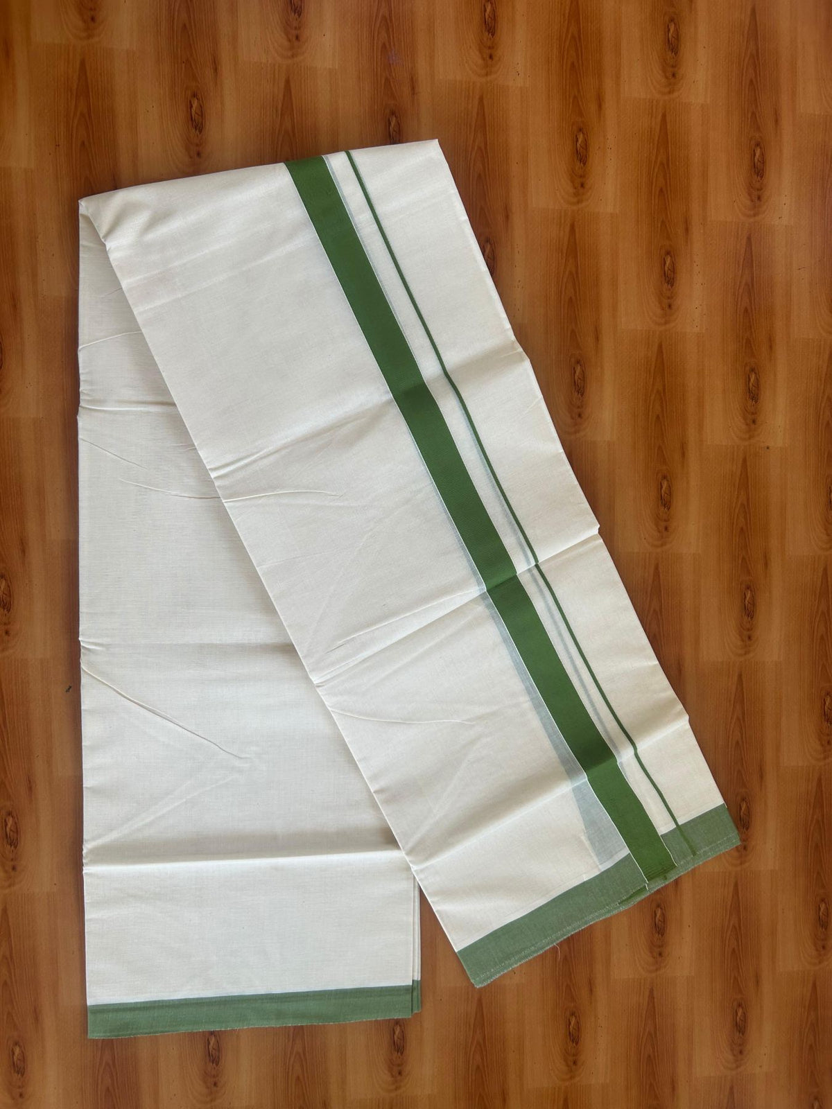 Double Off White (Unbleached) Mundu/Dhoti - 20% Discount!! KaithariKada Pulimood 100% Cotton 80x72 - 1 inch Puliyilakkara Parrot Green Colour Kara - 4 mtr (8.5 muzham) - 1 KK5553 STH