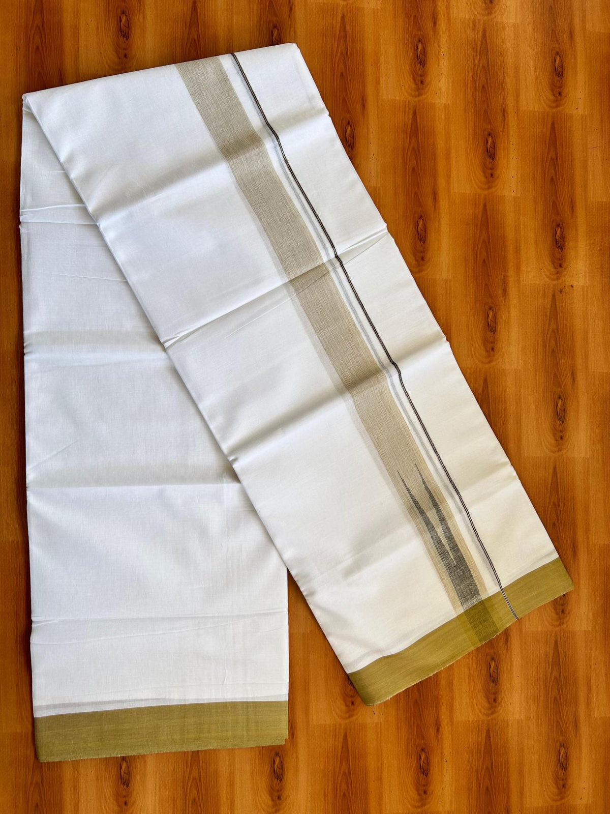 Double Pure White Mundu/Dhoti - 20% Discount !! KaithariKada Balaramapuram 100% Cotton - 100x80 - 1.5 inch Mustard & Black Silver Chutty Kara 3.80 mtr (8 muzham) - 2 KK5501 VAS