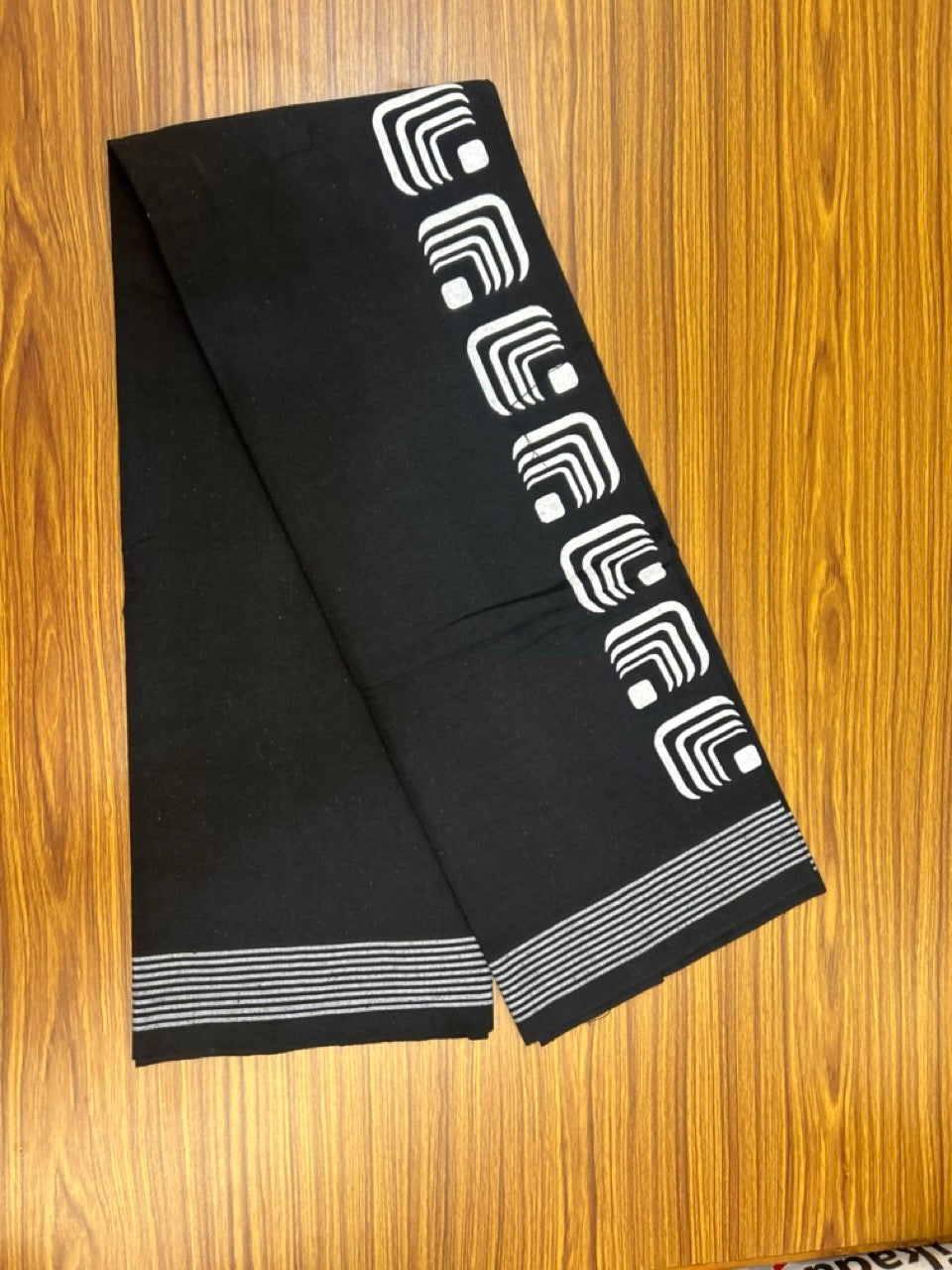 Kaitharikada - Polyster + Cotton - 20s twisted - Single Kaily / Lungi - 2.25 inch White Printed Kuppadam Border with Black colour body (2 meter / 4 muzham) -  3 KK8038 GAN
