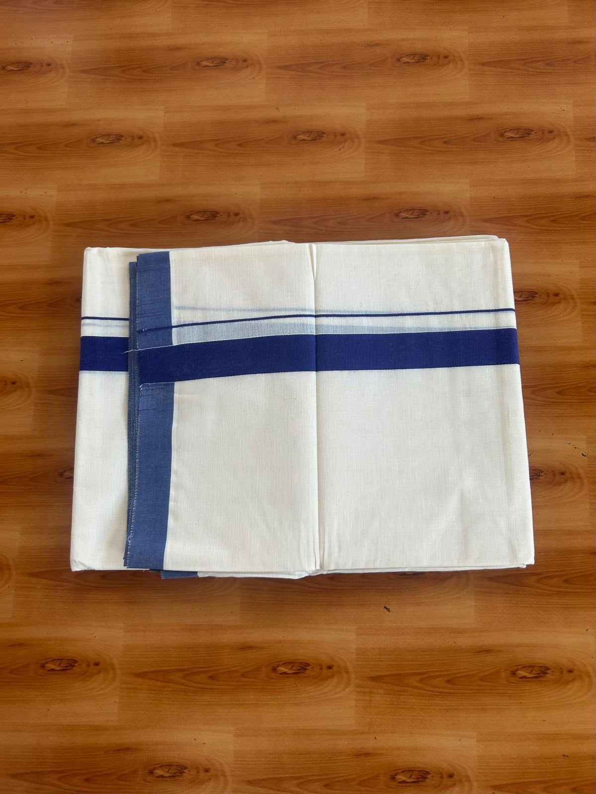 Double Off White (Unbleached) Mundu/Dhoti - 20% Discount!! KaithariKada Pulimood 100% Cotton 80x72 - 1.25 inch Puliyilakkara Navy Blue Colour Kara - 4 mtr (8.5 muzham) -  2 KK5553 STH