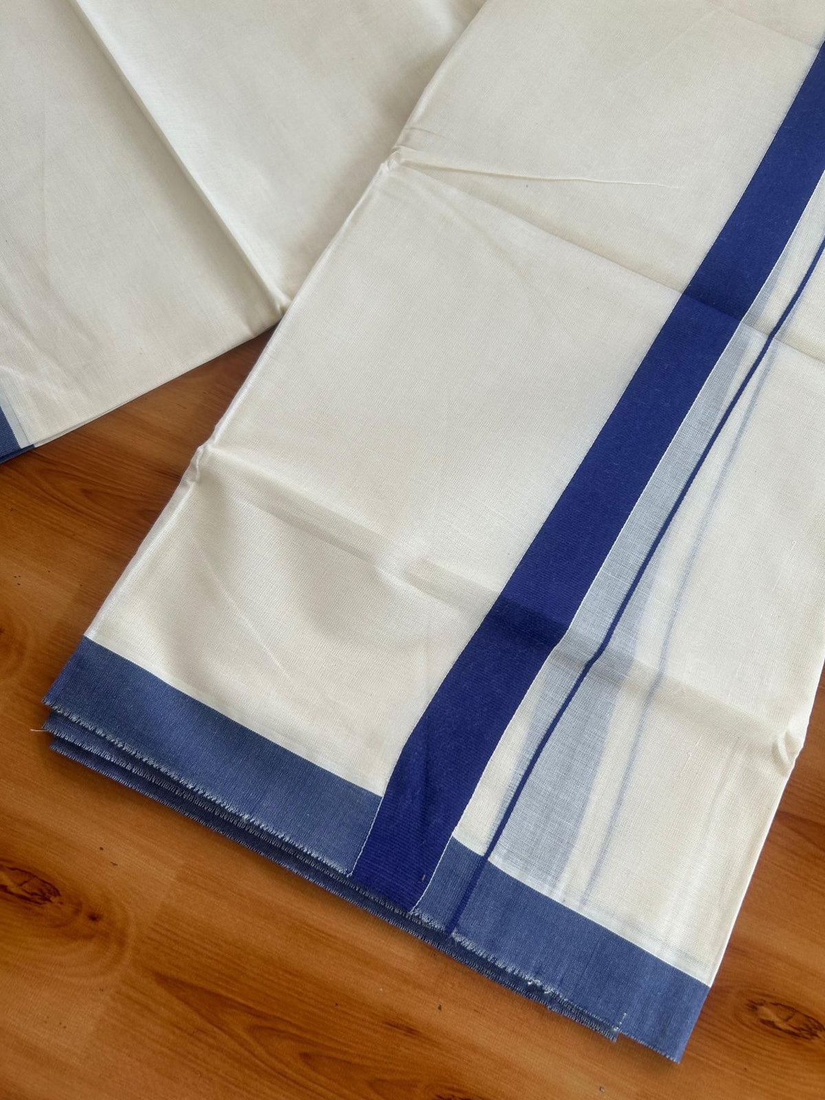 Double Off White (Unbleached) Mundu/Dhoti - 20% Discount!! KaithariKada Pulimood 100% Cotton 80x72 - 1.25 inch Puliyilakkara Navy Blue Colour Kara - 4 mtr (8.5 muzham) -  2 KK5553 STH