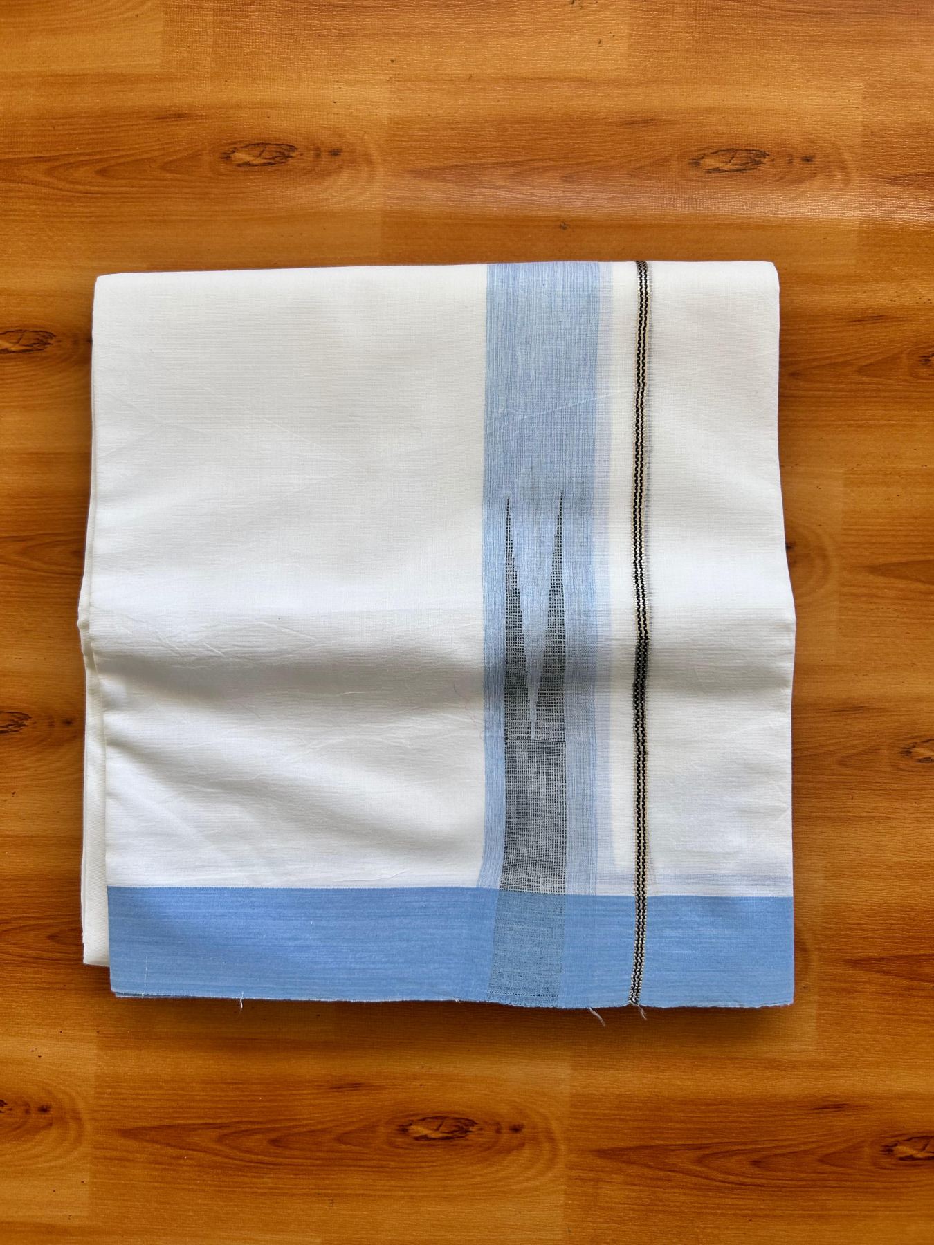 Double Pure White Mundu/Dhoti - 20% Discount !! KaithariKada Balaramapuram 100% Cotton - 100x80 - 1.5 inch Light Blue & Black Silver Chutty Kara 3.80 mtr (8 muzham) - 2 KK5499 CKS