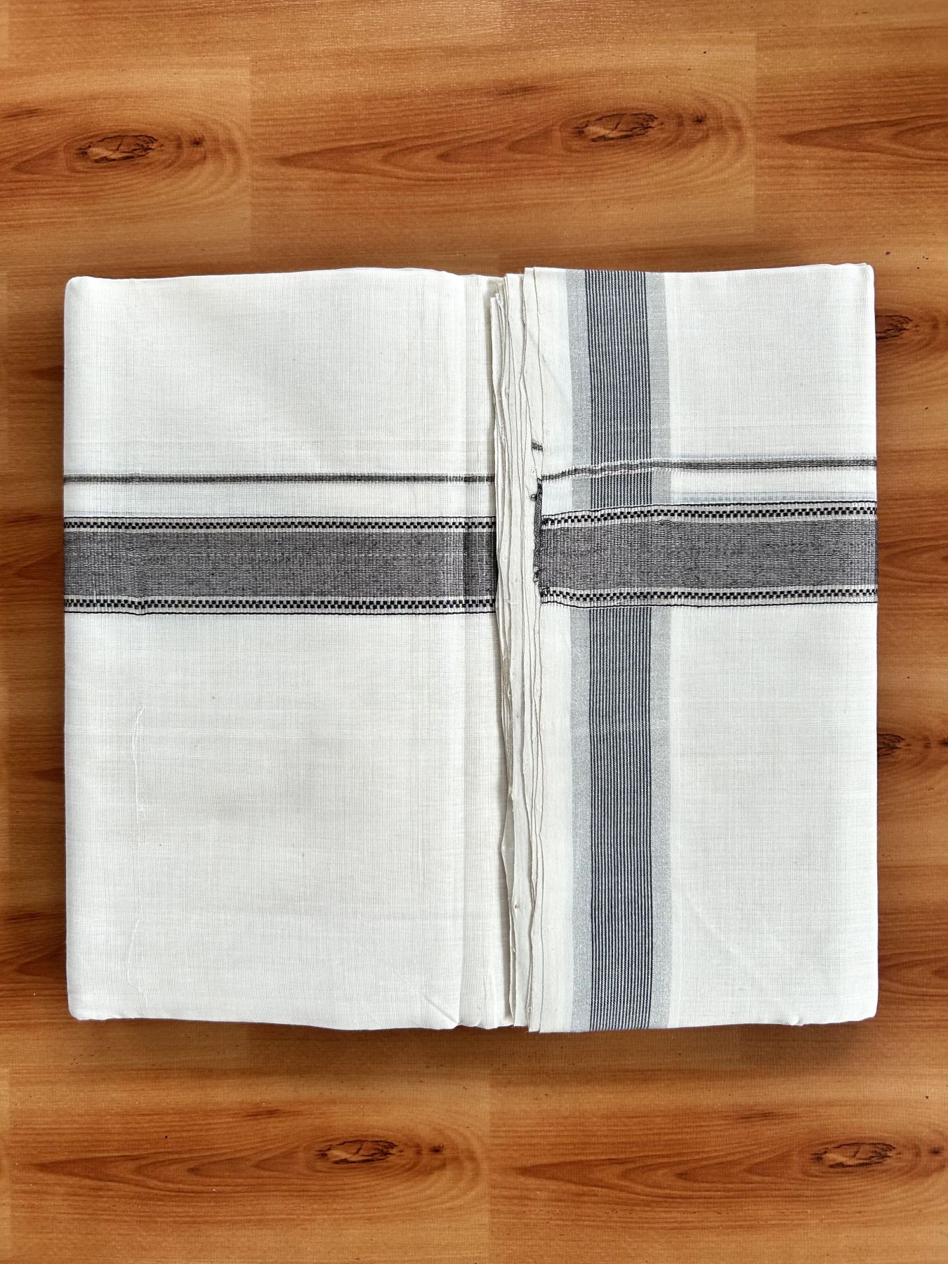 Double Off White (Unbleached) Mundu/Dhoti - 25% Discount! KaithariKada Handloom Unakkupaav Kerala Handloom - Pure Cotton - 80x90 - 1.25 Inch Silver Kasav & Black Striped Kara  4 Mtr (8.5 Muzham) - 11 KK5438 YAR
