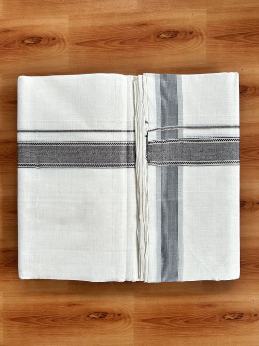 Double Off White (Unbleached) Mundu/Dhoti - 25% Discount! KaithariKada Handloom Unakkupaav Kerala Handloom - Pure Cotton - 80x90 - 1.25 Inch Silver Kasav & Black Striped Kara  4 Mtr (8.5 Muzham) - 11 KK5438 YAR