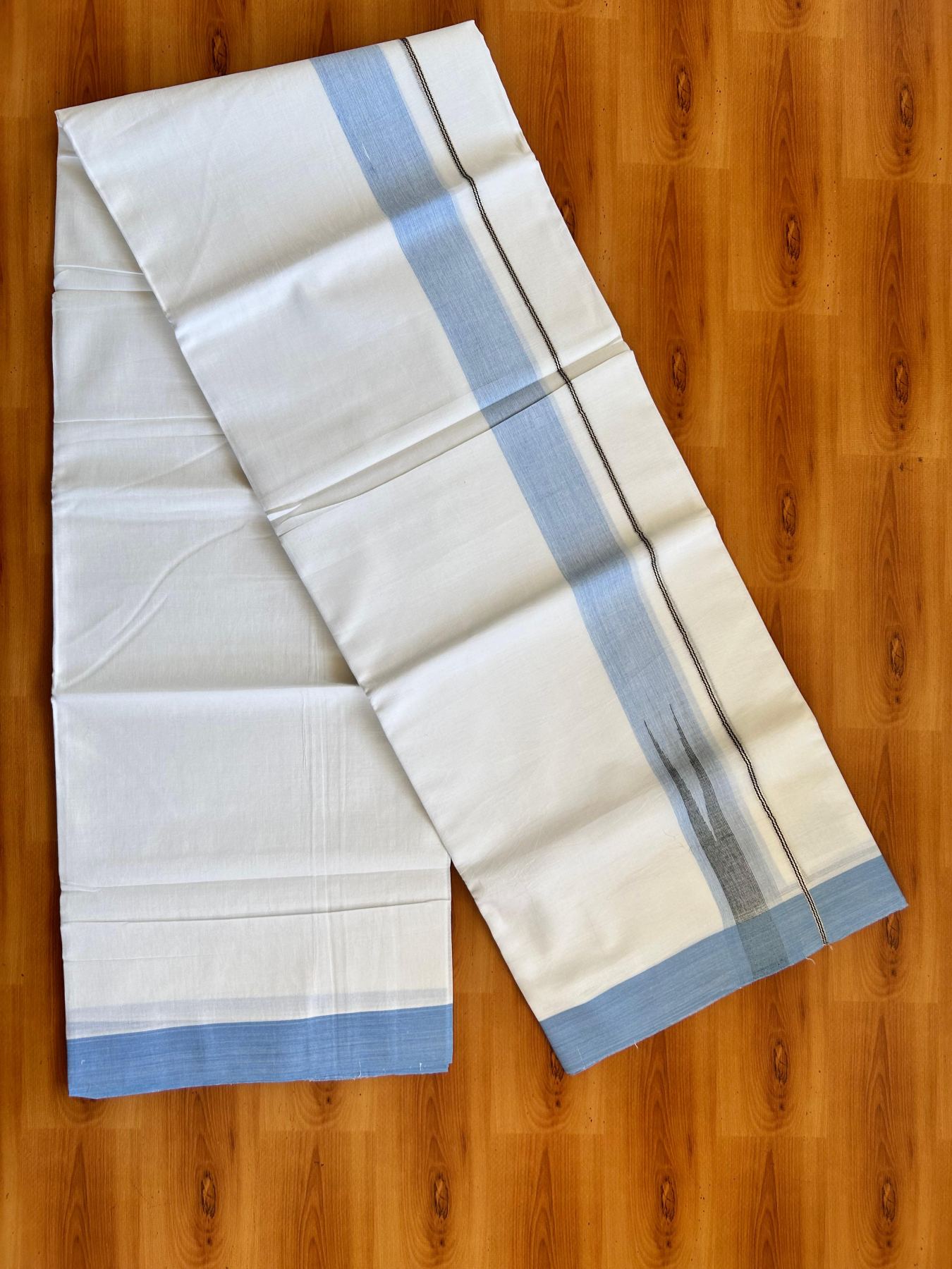 Double Pure White Mundu/Dhoti - 20% Discount !! KaithariKada Balaramapuram 100% Cotton - 100x80 - 1.5 inch Light Blue & Black Silver Chutty Kara 3.80 mtr (8 muzham) - 2 KK5499 CKS