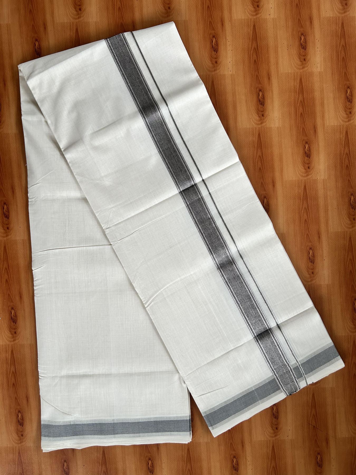 Double Off White (Unbleached) Mundu/Dhoti - 25% Discount! KaithariKada Handloom Unakkupaav Kerala Handloom - Pure Cotton - 80x90 - 1.25 Inch Silver Kasav & Black Striped Kara  4 Mtr (8.5 Muzham) - 11 KK5438 YAR