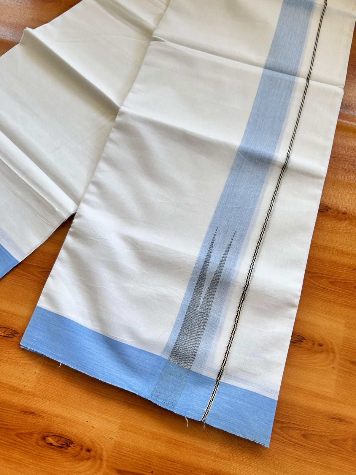 Double Pure White Mundu/Dhoti - 20% Discount !! KaithariKada Balaramapuram 100% Cotton - 100x80 - 1.5 inch Light Blue & Black Silver Chutty Kara 3.80 mtr (8 muzham) - 2 KK5499 CKS