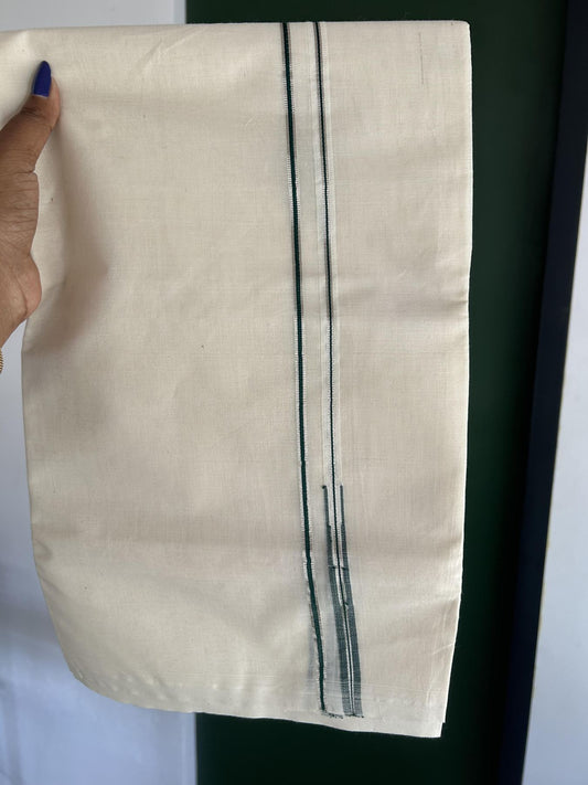 20% Discount! KaithariKada Balaramapuram 100% Cotton Double Off white Mundu/Dhoti- 100x100 - 0.2 cm Puliyilakkara Silver Kasav & Dark Green Chutty Kara 4 mtr (8.5 muzham) - 5 KK5392 ASH