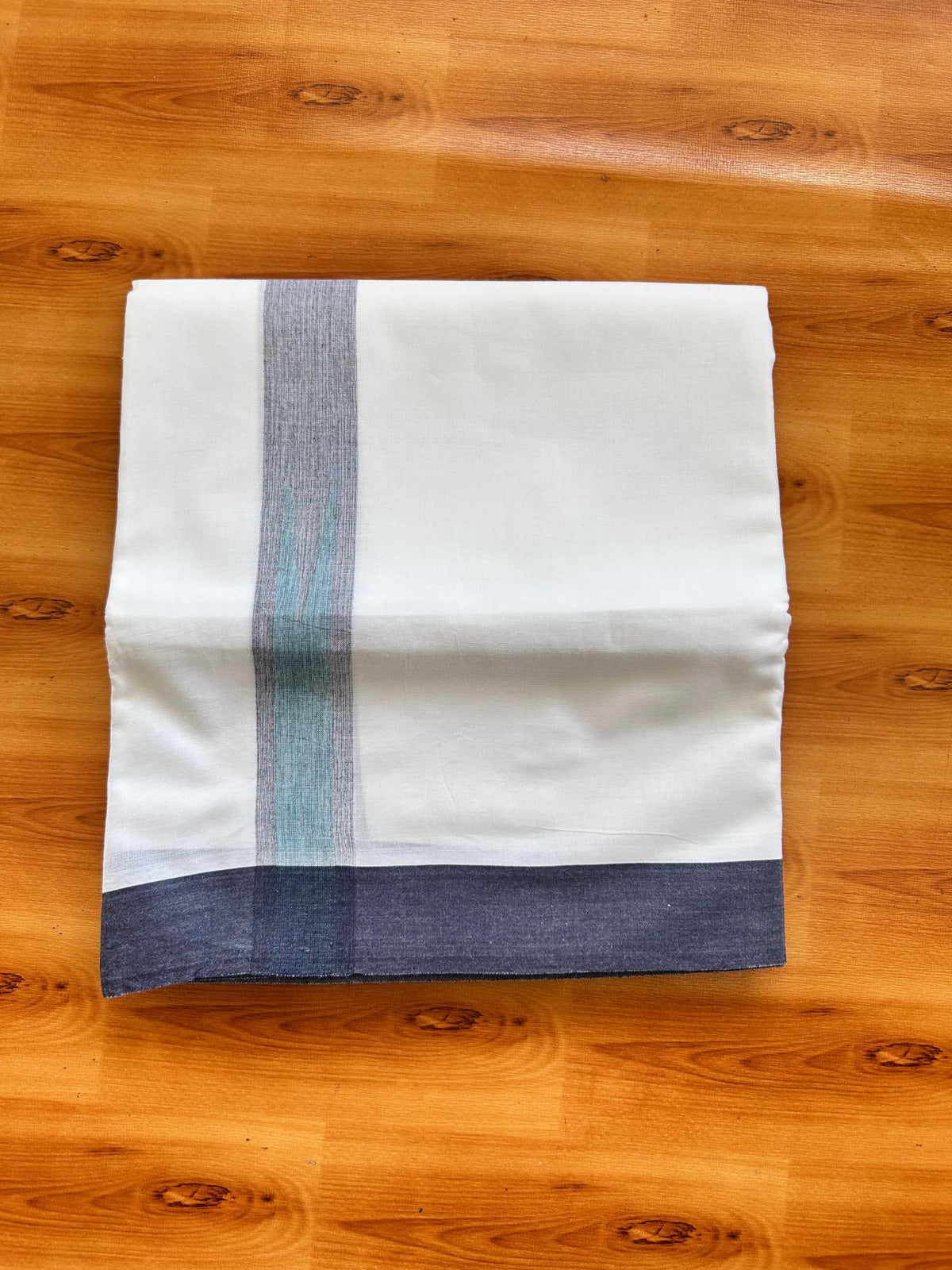 Double Pure White Mundu/Dhoti - 20% Discount !! KaithariKada Balaramapuram 100% Cotton - 100x80 - 1.25 inch Navy Blue & Blue Green Shaded Chutty Kara 3.80 mtr (8 muzham) - 20 KK5499 CKS