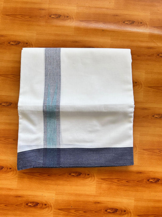 Double Pure White Mundu/Dhoti - 20% Discount !! KaithariKada Balaramapuram 100% Cotton - 100x80 - 1.25 inch Navy Blue & Blue Green Shaded Chutty Kara 3.80 mtr (8 muzham) - 20 KK5499 CKS