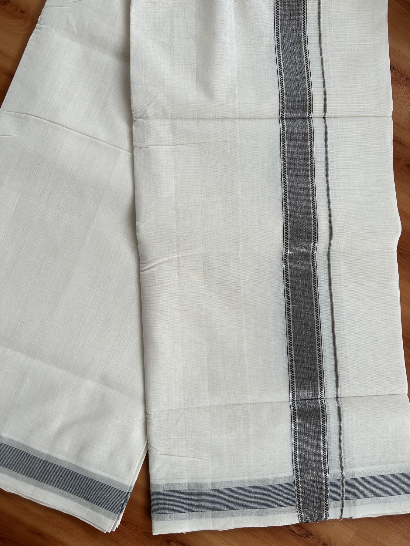Double Off White (Unbleached) Mundu/Dhoti - 25% Discount! KaithariKada Handloom Unakkupaav Kerala Handloom - Pure Cotton - 80x90 - 1.25 Inch Silver Kasav & Black Striped Kara  4 Mtr (8.5 Muzham) - 11 KK5438 YAR